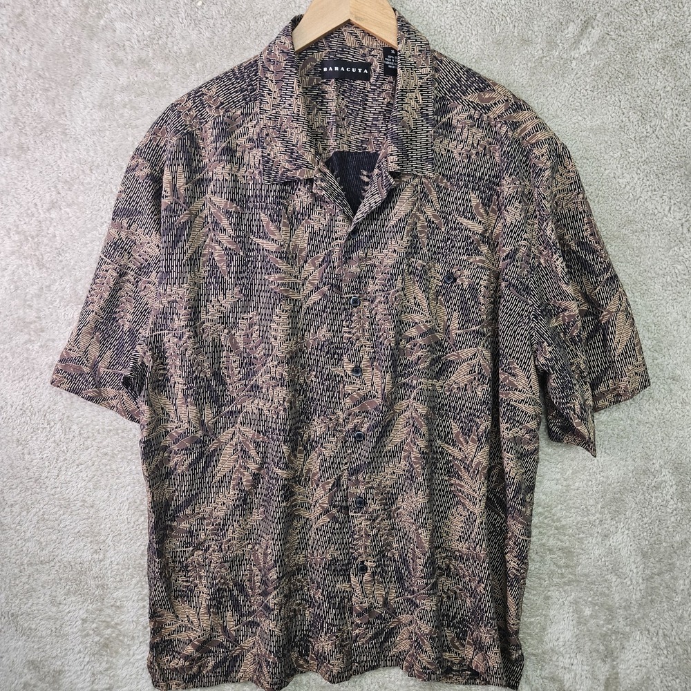 Baracuta 100% Silk Camp Shirt Mens XL Brown Tropical Leaf Button Up Short Sleeve